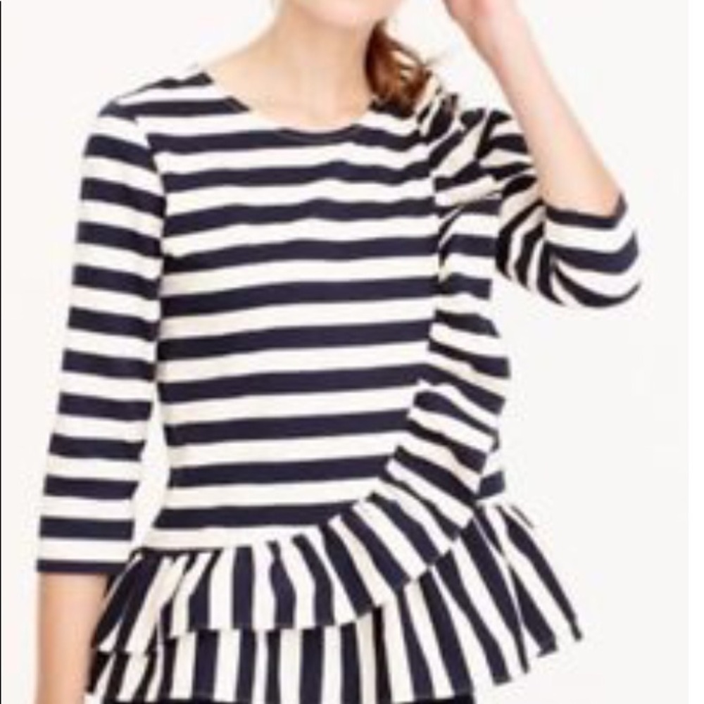 J. Crew navy and cream ruffle top